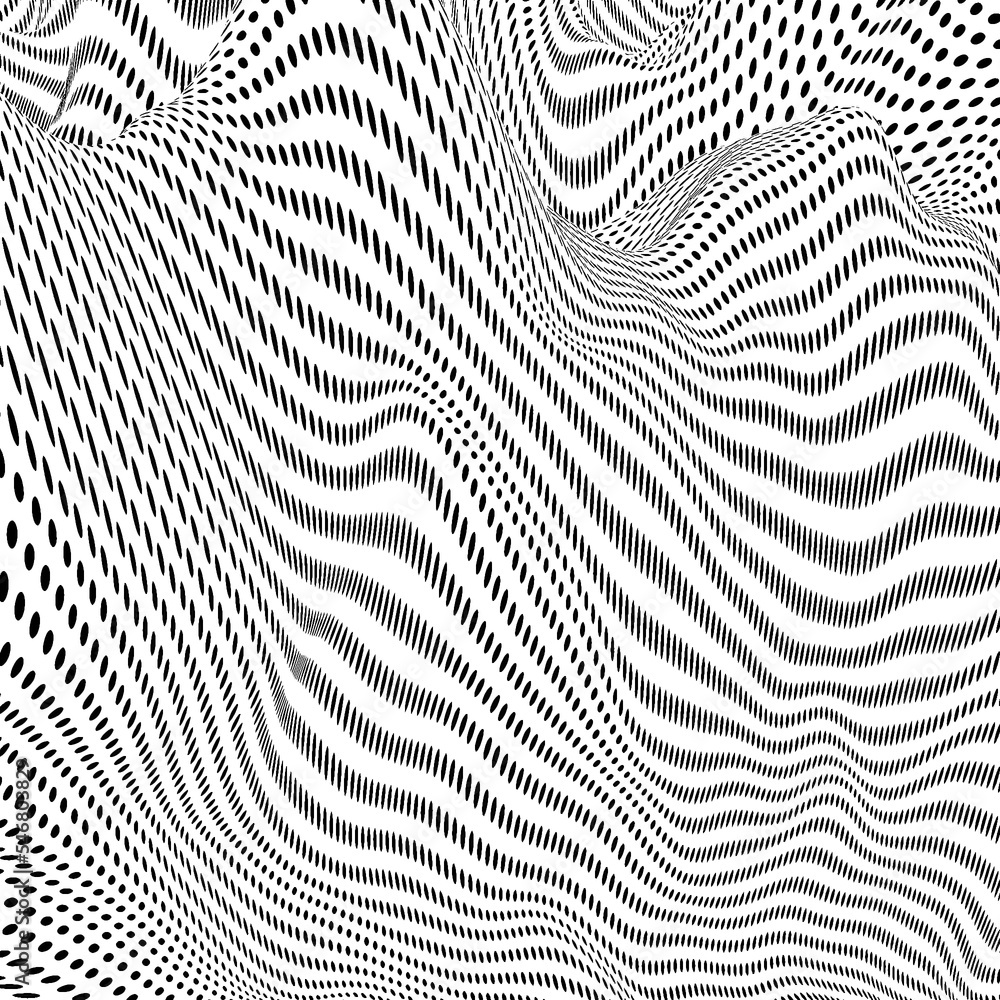 Psychedelic optical illusion texture, digital half tone wallpaper. Hypnotic surreal abstract background. Wavy pattern of dots. Monochrome  3D render illustration. 