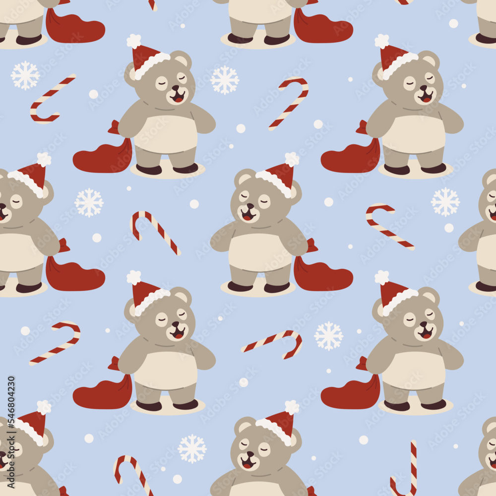 Seamless christmas pattern cute teddy bear in santa hat and sack with gifts