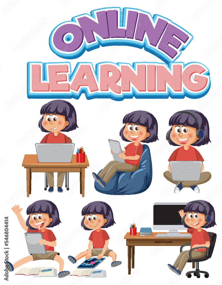 Set of kids using tablet and laptop