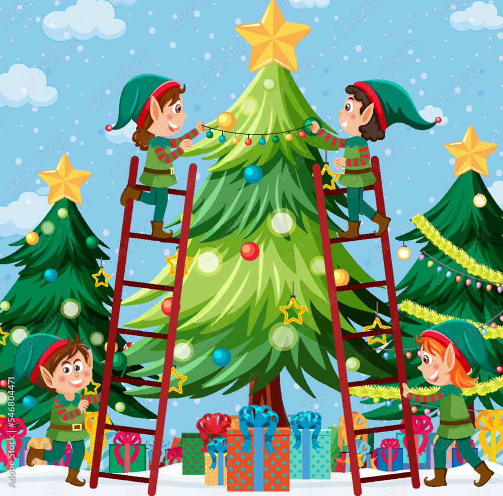 Fototapeta premium Children in elf costume decorating Christmas tree