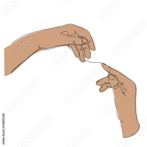 Continuous line illustration of two hands barely meeting each other. A simple one line sketch of two hands, the concept of love.