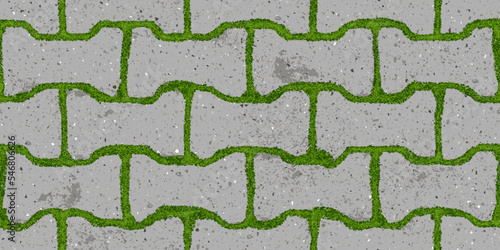 Seamless pattern of old pavement with moss and dumble interlocking textured bricks. Vector pathway texture top view. Outdoor concrete slab sidewalk. Cobblestone footpath or patio. Concrete block floor
