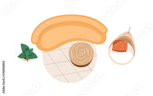 Living room interior design, top view. Modern sofa, coffee table and armchair...