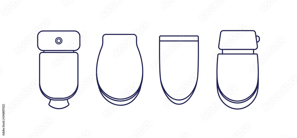 Toilet bowls top view. Outlined WC pans with seats, lids, closed covers, flushes of different types, designs. Latrine, lavatory overhead. Flat vector illustration isolated on white background Toilet bowls top view. Outlined WC pans with seats, lids, closed covers, flushes of different types, designs. Latrine, lavatory overhead. Flat vector illustration isolated on white background