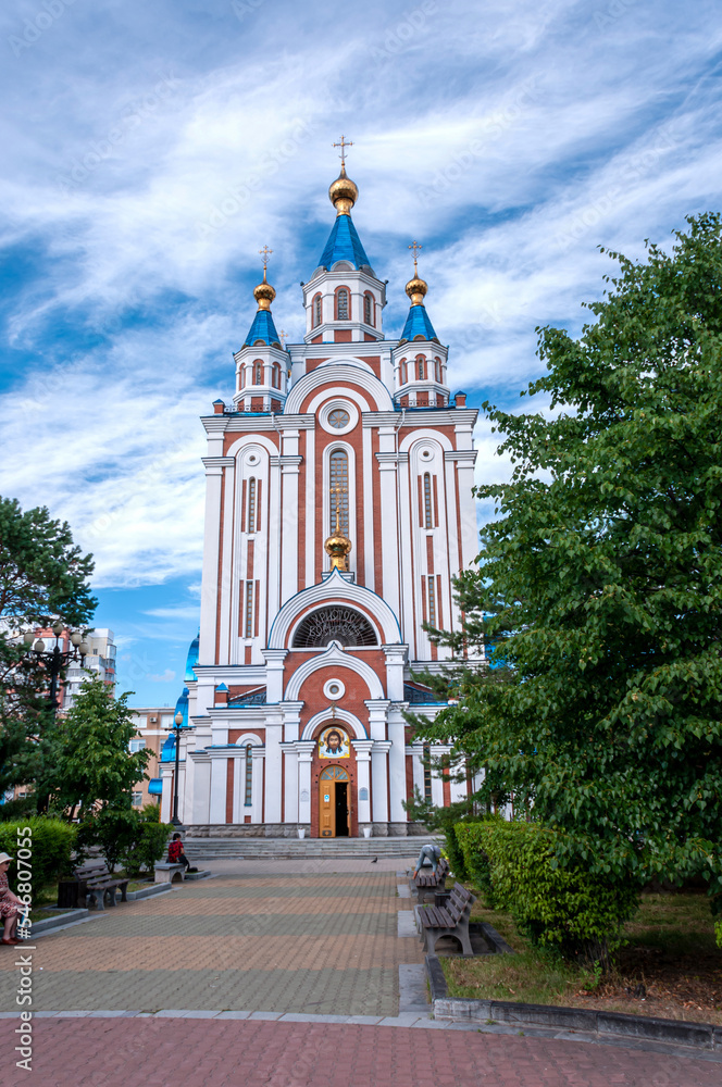 Khabarovsk, Russia, July 10, 2022: Khabarovsk Cathedral of the Assumption of the Blessed Virgin Mary on Komsomolskaya Square in Khabarovsk in summer