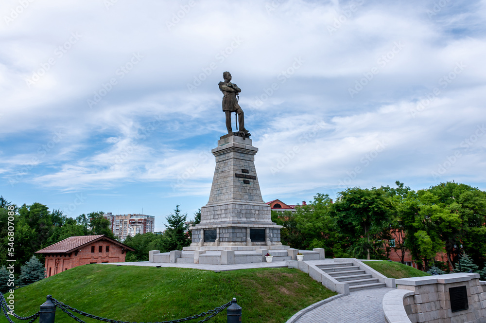 Khabarovsk, Russia, July 10, 2022: Monument to Muravyov-Amursky in the park on the embankment