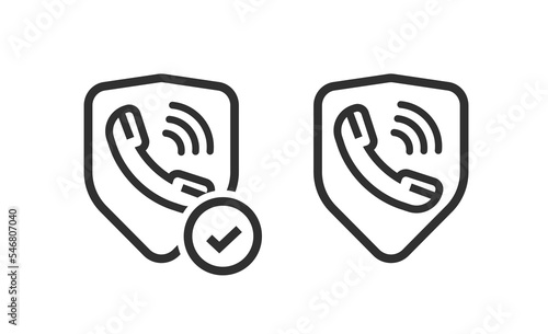 Caller id secure shield for call scam spam robocall protection on phone cellphone technology graphic line outline art pictogram, block phishing telephone numbers logo, antispam guard service image