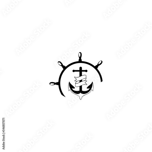 marine retro emblems logo with anchor and ship wheel, anchor logo. Vector illustration on white background