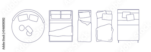 Single and double beds with pillows, blankets, top view. Bedroom furniture designs set with cushions, duvet overhead. Contoured outlined flat vector illustration isolated on white background