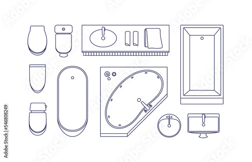 Bathroom furniture, top view. Bath tubs, toilet flushes, bowls, washbasins set for washroom interior design layout, overhead floor plan. Outlined flat vector illustrations isolated on white background