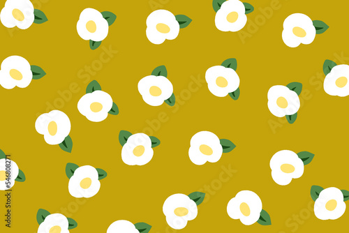 白い椿　花柄　模様　イラスト　マスタード色