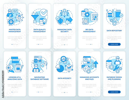 Data regulation process blue onboarding mobile app screen set. Walkthrough 5 steps editable graphic instructions with linear concepts. UI, UX, GUI template. Myriad Pro-Bold, Regular fonts used