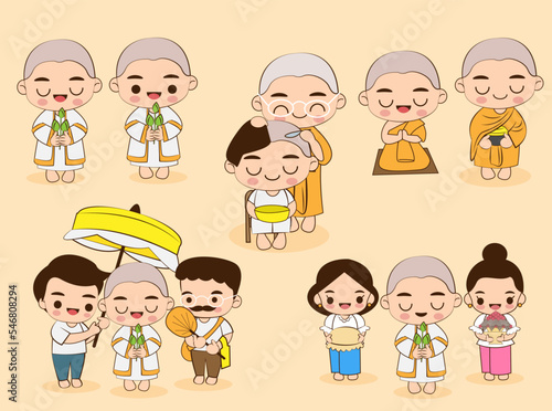 variety of men's activities to be ordained as a monk cartoon style