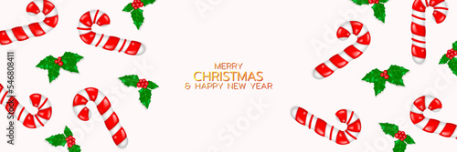 Horizontal Banner with Christmas ornaments. Vector background with decorated candy canes