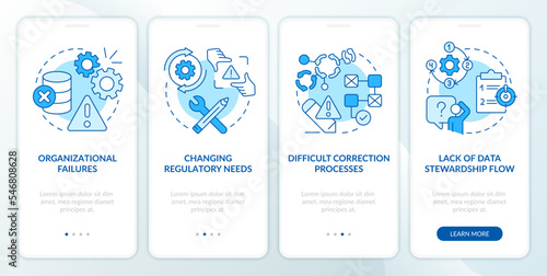 Database regulation issues blue onboarding mobile app screen. Walkthrough 4 steps editable graphic instructions with linear concepts. UI, UX, GUI template. Myriad Pro-Bold, Regular fonts used