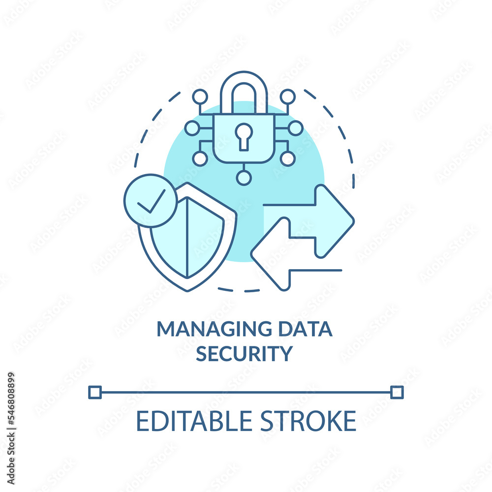 Managing data security turquoise concept icon. Information encryption abstract idea thin line illustration. Isolated outline drawing. Editable stroke. Arial, Myriad Pro-Bold fonts used Managing data security turquoise concept icon. Information encryption abstract idea thin line illustration. Isolated outline drawing. Editable stroke. Arial, Myriad Pro-Bold fonts used
