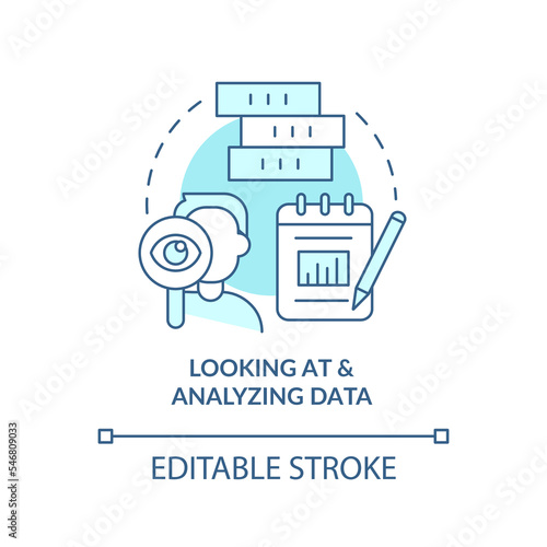 Looking at and analyzing data turquoise concept icon. Analytics skills abstract idea thin line illustration. Isolated outline drawing. Editable stroke. Arial, Myriad Pro-Bold fonts used