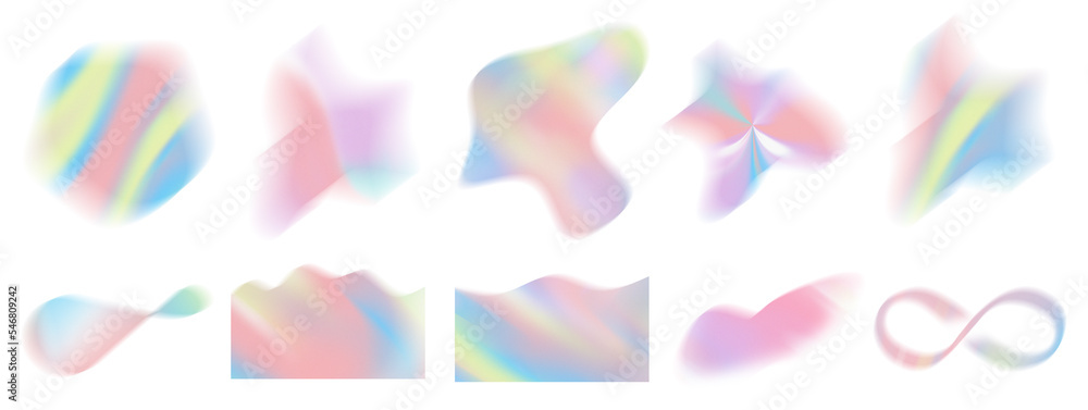 Obraz premium Abstract trendy grainy gradient shapes collection. Neon defocused blobs isolated on white. Textured pastel rainbow pink, blue and purple noise objects set