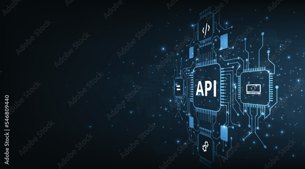 Naklejka premium Application Programming Interface (API) design. Software development tool, information technology, modern technology, internet and networking concept on dark blue background.