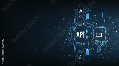 Application Programming Interface (API) design. Software development tool, information technology, modern technology, internet and networking concept on dark blue background.