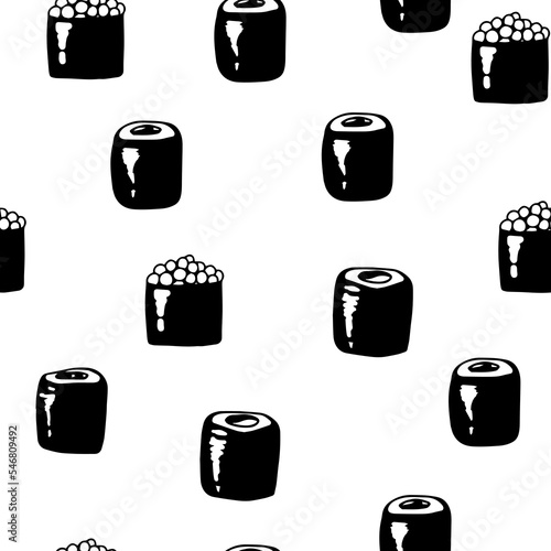 Sushi isolated icons in seamless pattern, vector illustration. Wrapping paper design for Japanese restaurant food delivery packages. Traditional Asian cuisine seafood dish, sushi and rolls menu cover.