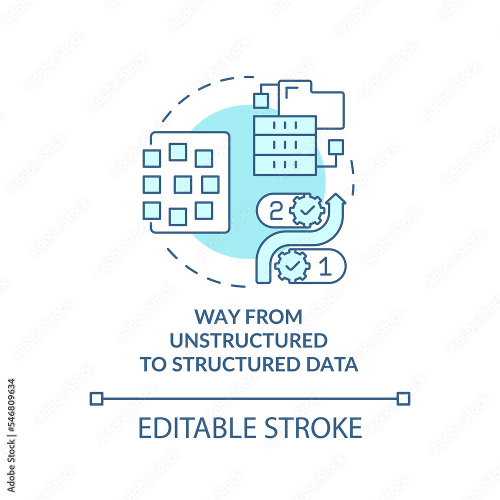 Way from unstructured to structured data turquoise concept icon. Digital optimization abstract idea thin line illustration. Isolated outline drawing. Editable stroke. Arial, Myriad Pro-Bold fonts used