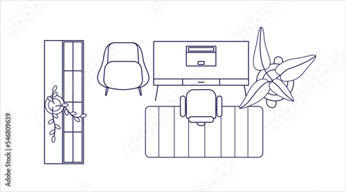 Workplace, office interior design, top view. Overhead layout, floor plan with computer desk, table, chair, cabinet and plant. Contoured outlined flat vector illustration isolated on white background