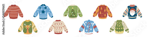 Many different Christmas pajamas on white background