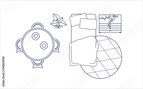 Bed and dining table, bedroom and kitchen combo in studio apartment overhead. Outlined home interior design, plan layout top view with furniture. Flat vector illustration isolated on white background
