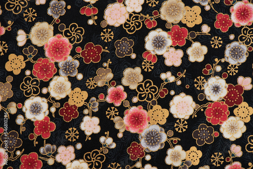Fototapet Cherry flowers blossoms pattern part of the old Japanese fabric on black  background