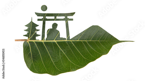 Japanese stucco amulet,mount fuji,sun on bodhi green leaf on transparent background.