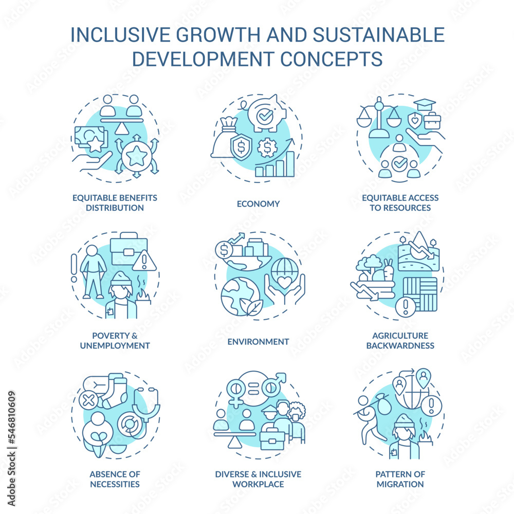 Inclusive growth and sustainable development turquoise concept icons set. Fair economy idea thin line color illustrations. Isolated symbols. Editable stroke. Roboto-Medium, Myriad Pro-Bold fonts used