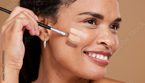Obraz na plátně Black woman, makeup brush and foundation color, beauty and skincare for aesthetics, cosmetics and glowing skin on studio background