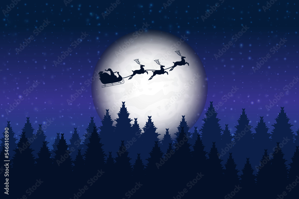 Fototapeta premium Santa is flying through the night sky under the village. Santa sleigh driving over the Moon in the night. Eps 10. Christmas Background.