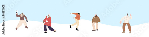 People play snowballs fun game in winter snow landscape vector illustration. Cartoon friend characters playing outdoors, enjoying frost cold weather. Winter healthy activity concept