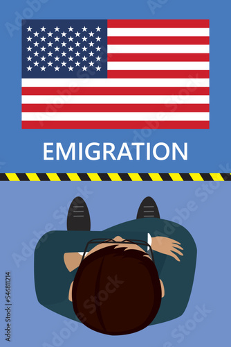 Businessman or worker man stands in front of border line and thinks about migration to USA. Emigration, escape from war, social problems, poverty. Relocation in America. Refugee man, top view.