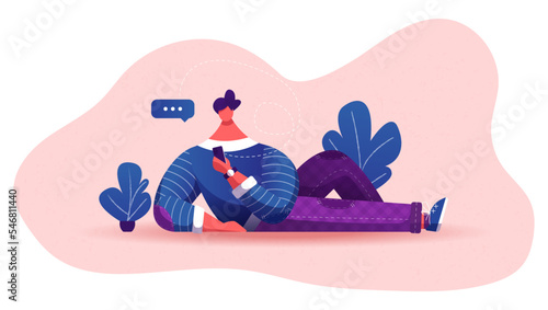 Handsome man is chatting with a phone. A man is lying down on a yellow floor and chatting with his phone. Character flat design. Vector Illustration