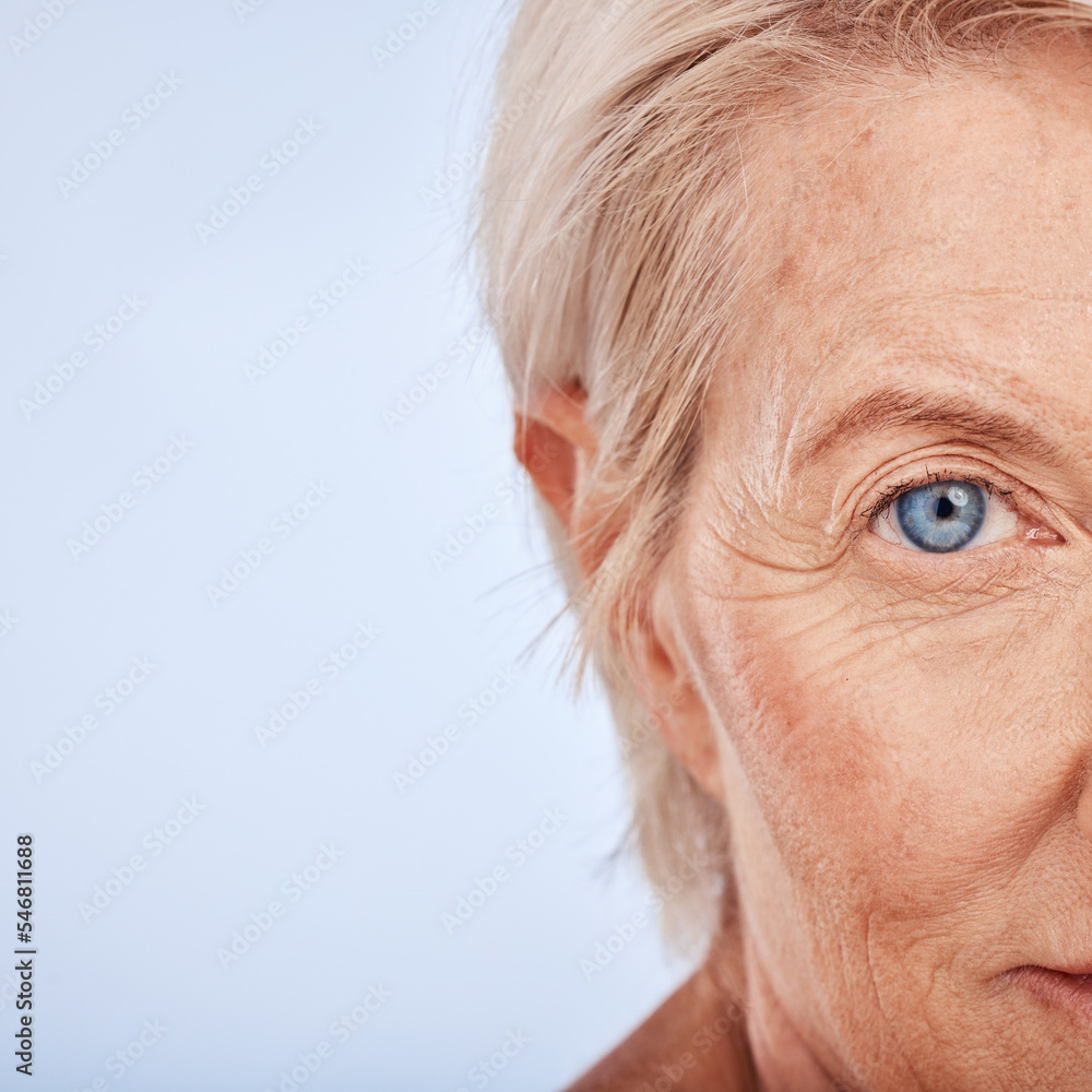 Portrait, senior woman and face skincare, zoom eye and vision with beauty, makeup or anti aging on mockup studio background. Elderly model, facial cosmetics or mock up space for cosmetic advertising Portrait, senior woman and face skincare, zoom eye and vision with beauty, makeup or anti aging on mockup studio background. Elderly model, facial cosmetics or mock up space for cosmetic advertising