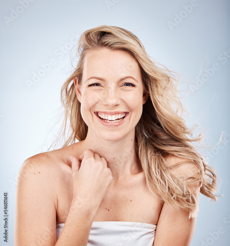 Portrait  cosmetics and woman with skincare  for health and natural beauty for smooth skin against grey studio background. Makeup  healthy lady and young female with smile  confident and wellness.