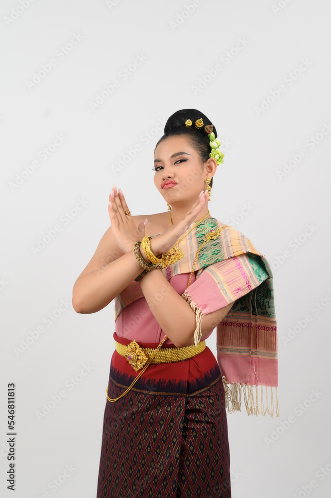 Asian beautiful woman in northeastern dress Cross hands to reject Asian beautiful woman in northeastern dress Cross hands to reject