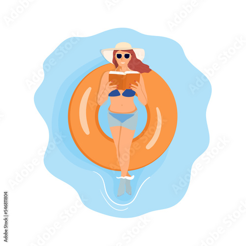 A young woman wearing a hat and sunglasses on a swimming lap in the sea or in the pool reading a book. Flat vector illustration isolated on white background