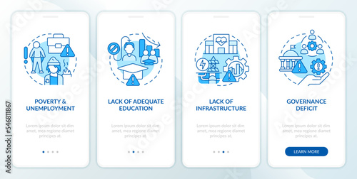 Emergence of inclusive growth blue onboarding mobile app screen. Walkthrough 4 steps editable graphic instructions with linear concepts. UI, UX, GUI template. Myriad Pro-Bold, Regular fonts used