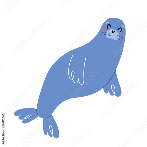 Cute sea lion, fur seal swimming and smiling, adorable ocean animal, flat cartoon, vector illustration isolated on white background