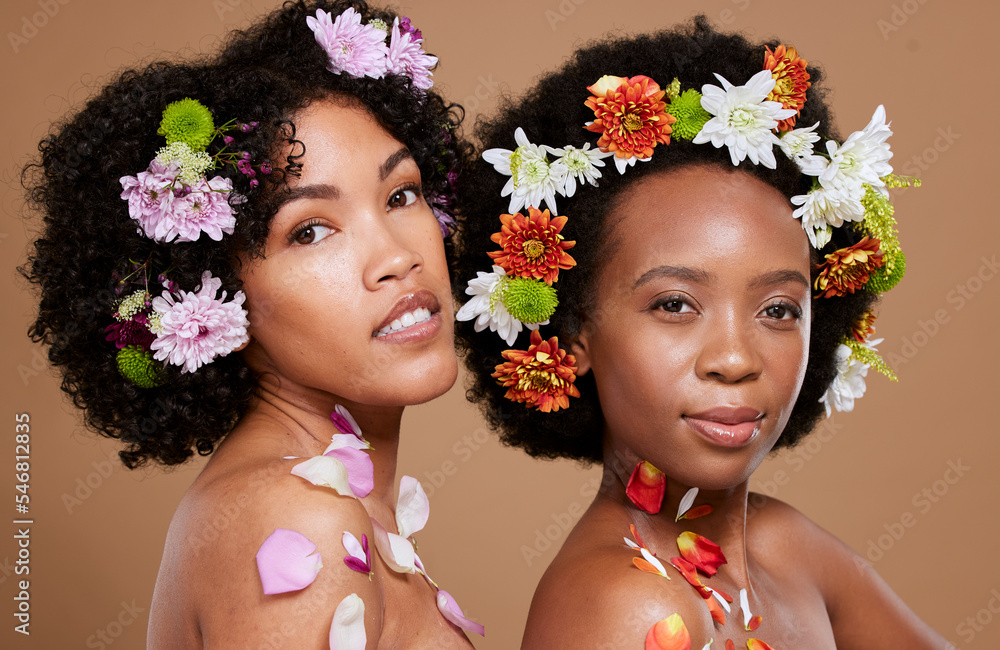 Beauty, flowers and skincare with black women friends together for ...