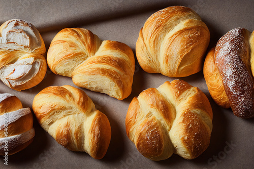 Flat lay :Fresh baked croissants , Warm Fresh Buttery Croissants and Rolls.