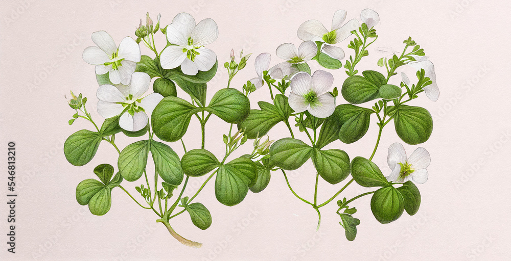 Brahmi (Bacopa Monnieri). Botanical illustration on white paper. The best medicinal plants, their effects and contraindications. Natural medicine. Plant properties