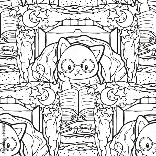 Cozy Cat in A Blanket with Book Seamless Surface Pattern Design