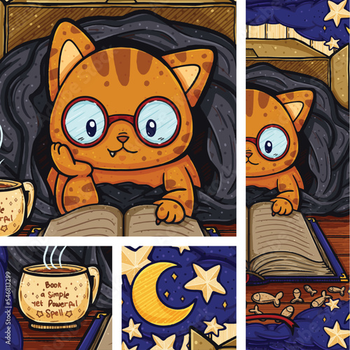 Cozy Cat in A Blanket with Book Seamless Surface Pattern Design