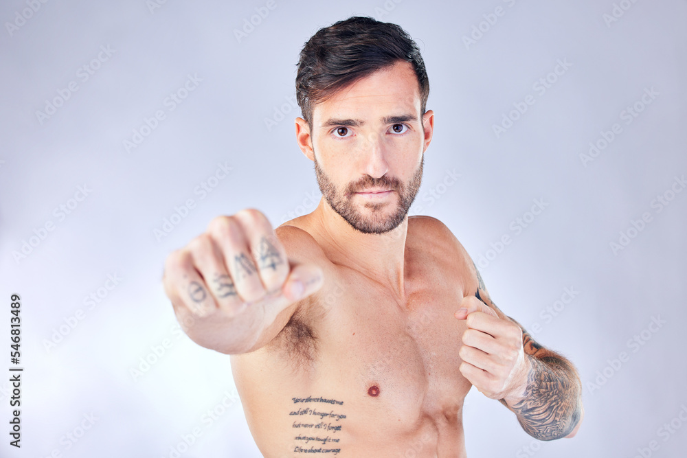Fitness, sport or man boxer with tattoo in white studio background for health wellness, exercise or training. Motivation, sports focus or male athlete model for power boxing or punching workout Fitness, sport or man boxer with tattoo in white studio background for health wellness, exercise or training. Motivation, sports focus or male athlete model for power boxing or punching workout
