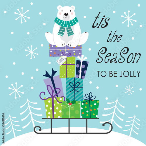 christmas greeting card with polar bear and gifts